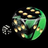 Chessex Gemini Black & Green with Gold MASSIVE 50mm D6 Spot Dice
