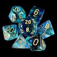 Chessex Nebula Oceanic & Gold Luminary Glow In Dark 12 x D6 Dice Set