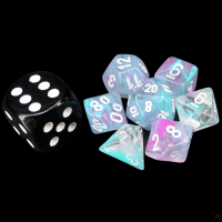 Chessex Nebula Wisteria &amp; White Luminary Glow In Dark MINI 7 Dice Polyset with Dice Cube