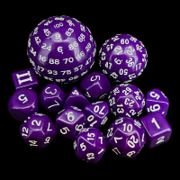 HALF PRICE Complete Opaque Purple & White 15 Dice Set D3 to D100 Dice