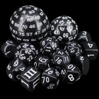HALF PRICE Complete Opaque Black & White 15 Dice Set D3 to D100 Dice