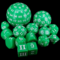 HALF PRICE Complete Opaque Green & White 15 Dice Set D3 to D100 Dice