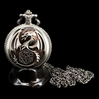 TDSO Antique Silver Dragon Rising & D20 CRIT Fob Watch Case With Micro 7mm 7 Dice Polyset
