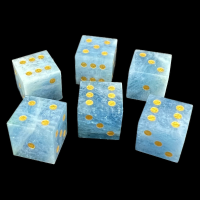 TDSO Gemstone Natural Aquamarine & Gold 6 x D6 Spot Dice Set In Padded Case