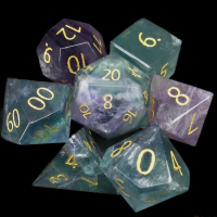 TDSO Gemstone Fluorite Purple & Gold 7 Dice Polyset in Padded Case
