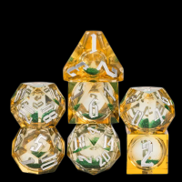 TDSO Liquid Core Gold Green With Silver 7 Dice Polyset + Case