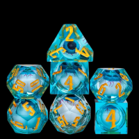 TDSO Liquid Core Moving EyeBall Blue With Gold 7 Dice Polyset + Case