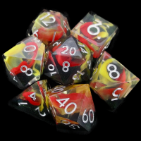 TDSO Sharp Edge Swirl Black Orange & Yellow 7 Dice Polyset + Tin